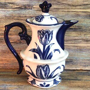 Bombay Tall 7" Coffee Tea Pot With Lid Porcelain Blue & White